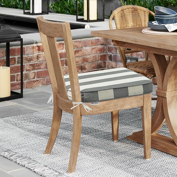 Round Corner Seat Cushions, 17" x 16" x 2", Set of 4, Indoor Outdoor Water Repellent Universal Chair Pads with Ties for Patio Furniture, Garden Deck Dining Chairs, Gray Stripe