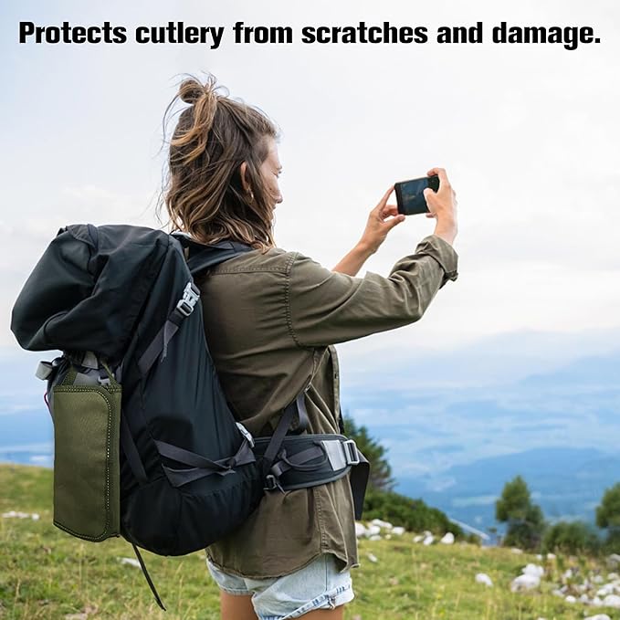 Camping Utensil Roll Bag, Waterproof Chef Knife Cutlery Up Pouch Bag with 13 Slots For Fork, Spoon, Chopstick, Portable Professional Case Hold Storage Kitchen Cooking Set Travel Organizer, Army Green