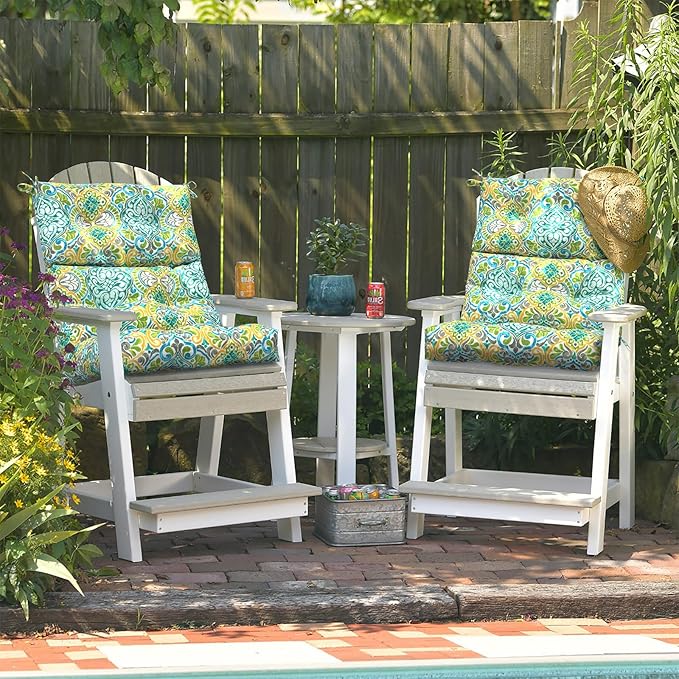 LVTXIII Outdoor Seat/Back Chair Cushion Patio Tufted High Back Cushion, Seasonal Replacement Rocking Chair Cushion with Ties (22” W x 20D”, Set of 2, Damask Green)