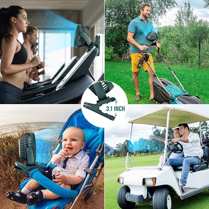 Rechargeable Camping Fan - 65H 12000mAh With Output Ports, Hanging Hook, 360 Head Rotation for Tents, Camp, Green