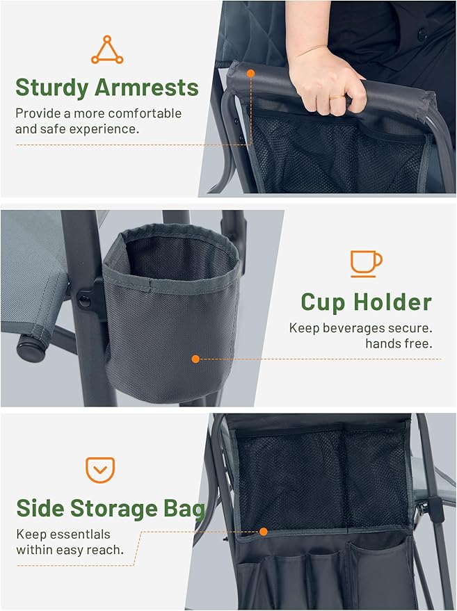 TIMBER RIDGE Folding Rocking Camping Chair, 400lbs Capacity Portable Oversized Outdoor Rocker with Hard Armrests, Cup Holder & Side Pocket, Quick-Fold Design for Outdoor, Patio, Lawn, Gray