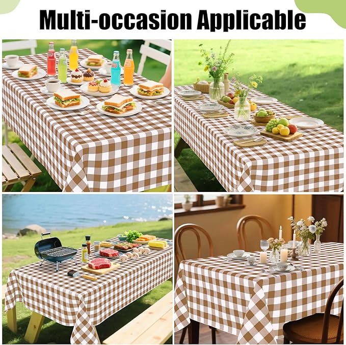 Smiry Rectangle Table Cloth, Waterproof Vinyl Tablecloth with Flannel Backing, Wipeable Buffalo Plaid Table Cover for Dining, Indoor and Outdoor (Brown & White, 52"x70")