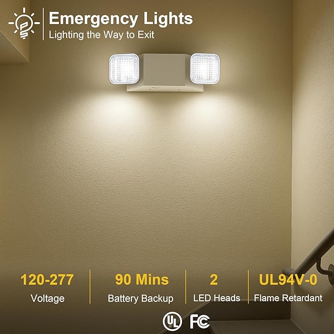 GRUENLICH LED Commercial Emergency Light with Dual Head and Backup Battery, US Standard, AC 120-277V, Hardwired Emergency Light Fixtures for Business Office Power Outages, 4-Pack