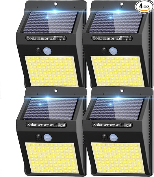 4 Pack Outdoor Solar Motion Lights - 100LED, 3 Modes, IP65 Waterproof, Wireless, Warm White - For Front Door, Backyard, Garage, Deck
