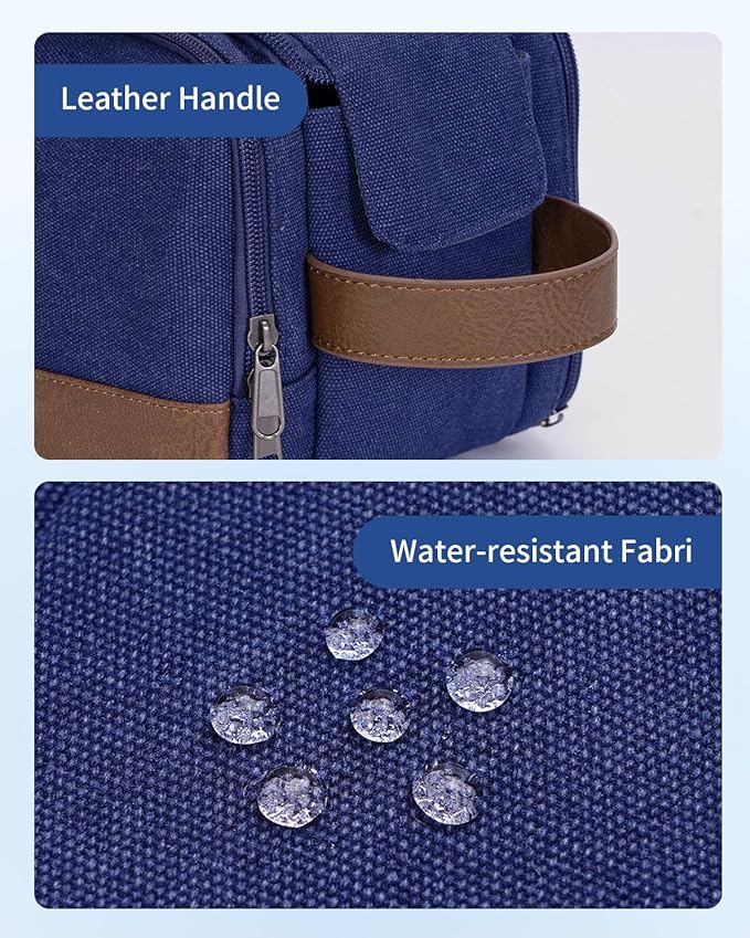 WANDF Toiletry Bag for Men Travel Toiletry Organizer Canvas and Leather Dopp Kit Water-Resistant Shaving Bag for Travel Accessories (Blue, Large)