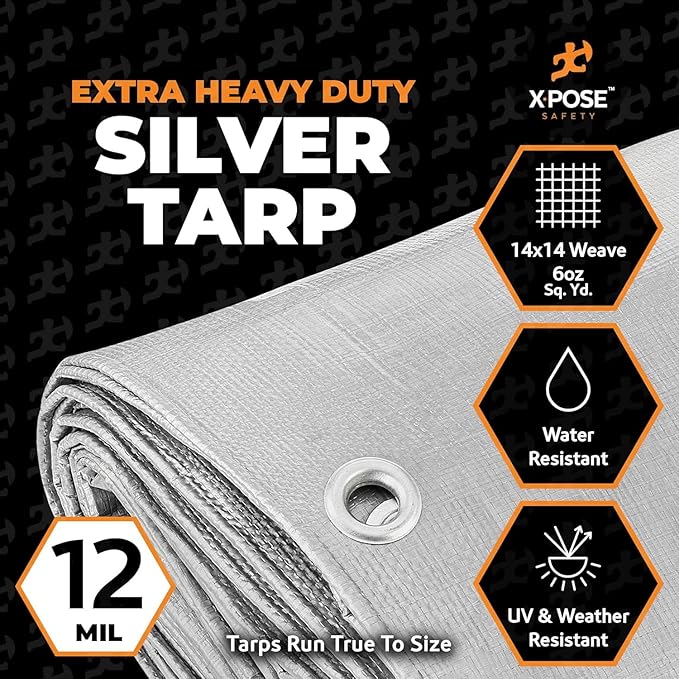 Heavy Duty Silver Poly Tarp 6' X 40' (2-Pack) - Multipurpose Protective Cover - Durable, Waterproof, Weather Proof, Rip and Tear Resistant - Extra Thick 12 Mil Polyethylene - by Xpose Safety