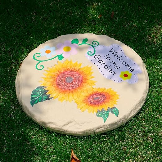 4Pcs Round Sunflower Stepping Stone Outdoor Garden Walkway, Durable Plastic Pavers for Patio, Pathway, and Landscaping, Weatherproof Stepping Stones with Ground Stakes for Easy Installation