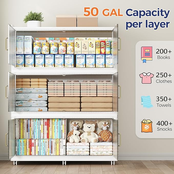 150GAL Extra Large Stackable Storage Bins with Lid, 600QT Plastic Closet Organizer and Storage Cabinet with Wheels and Doors, Folding Storage Box Container for Home Organization, 3Pack White