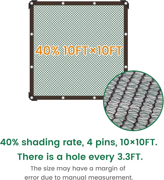 40% 10 X 10 FT Green Shade Cloth, Outdoor Woven Sun Shade with Grommets, Durable Breathable Netting Shading Antifreezing for Patio, Garden, DIY Home, Plants Cover, Greenhouse, Dog Kennel