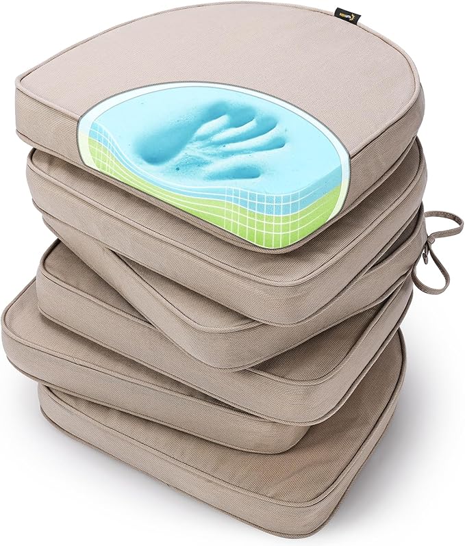 SUNROX Gel Memory Foam Chair Cushions, FadeShield Water-, Stain-Resistant Durable Reversible Seat Cushion Pads with Ties for Indoor/Outdoor Kitchen Dining Office 17"x16" Set of 6, Husk Birch
