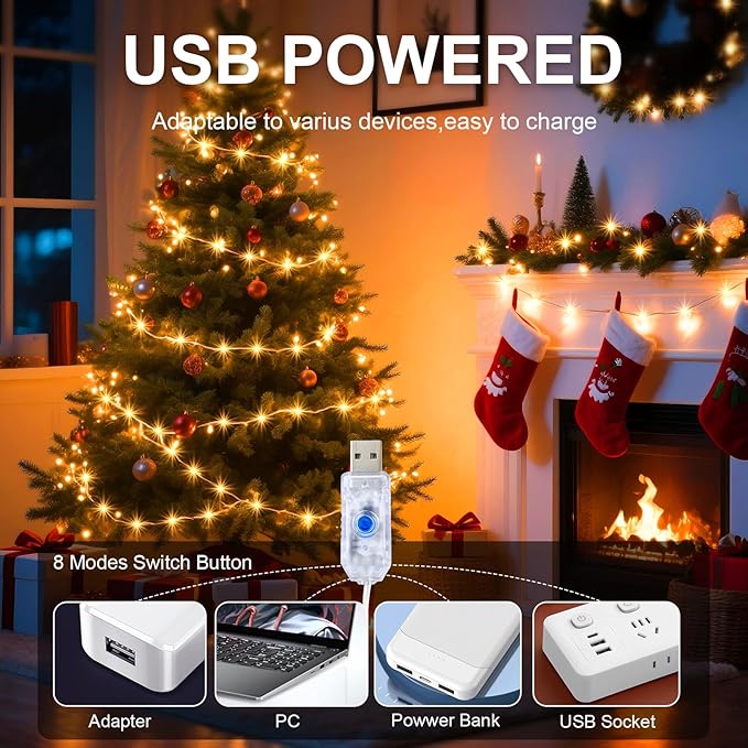 1Pack USB Plug in Fairy String Lights,16ft 50 LED Copper with Remote and Timer, 8 Modes Waterproof Twinkle String Lights Battery Powered for Bedroom Indoor Party Wedding Christmas Decoration