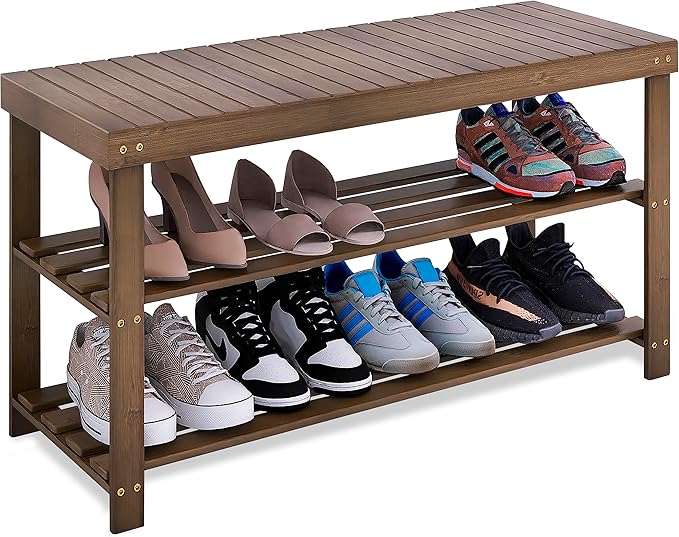 SMIBUY Bamboo Shoe Rack Bench, 3-Tier Shoe Organizer Storage Shelf for Entryway Hallway Bathroom Living Room (Walnut)