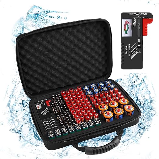 Battery Organizer, Battery Organizer Storage Case with Tester BT-168, Waterproof Battery Holder Box Holds, Battery Case Organizer 145+ AA AAA C D 9V Batteries (Batteries are Not Included)
