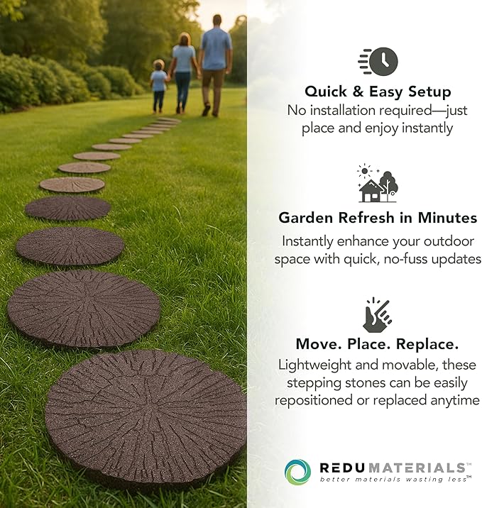Garden Central 4-Pack 18”x18” Fake Cracked Log Rubber Stepping Stones, Round, Brown – Reversible Non-Slip Outdoor Faux Decorative Set for Landscaping – DIY Decor for Walkways & Yard Pathways