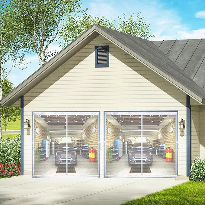 Retractable Garage Patio Screen Door 10x7 FT White - Magnetic Fiberglass Mesh Screen for 10x7ft Garage Balcony Gym Playroom Porch, Blocks Bugs & Enhances Privacy - Easy to Install & Retract