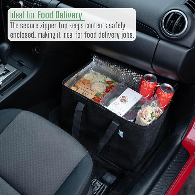 VENO 2 Pack Cooler Bags - Insulated for Food Delivery, Collapsible and Reusable Shopping Bags with Zipper, Foldable, Heavy-Duty, Stands Upright - Ideal for Groceries (Black, 2 Pack)