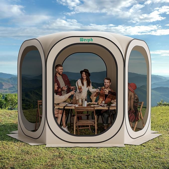 Screen Tent Pop-Up, Portable Tent Canopy with Mesh Mosquito Net, Screen House Room Canopy Shade Screen Houese 10x 10 FT with Carry Bag for Patio, Backyard, Sports & Outdoors Activities, Beige