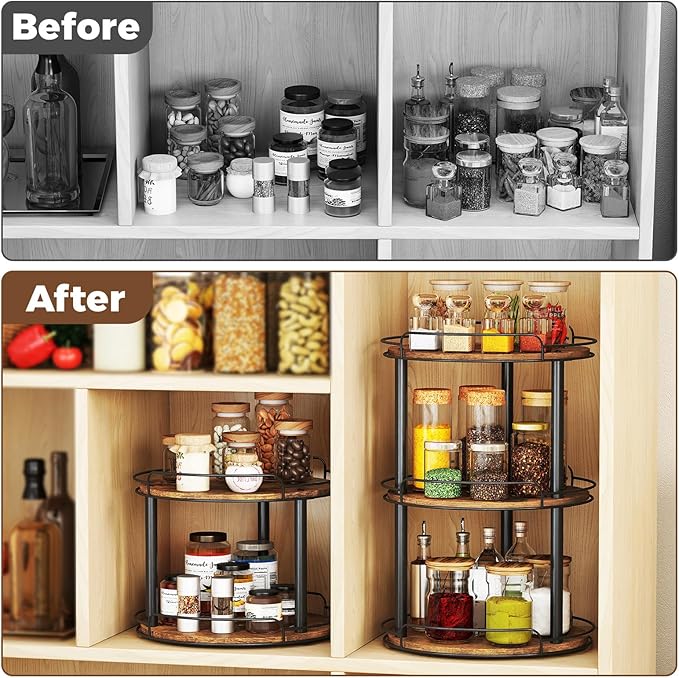 LAMU 12.2'' Wood Lazy Susan Turntable Organizer for Cabinet, 3 Tier Lazy Susan Spice Rack Organizer for Kitchen, Table Top, Countertop, Pantry, Bathroom