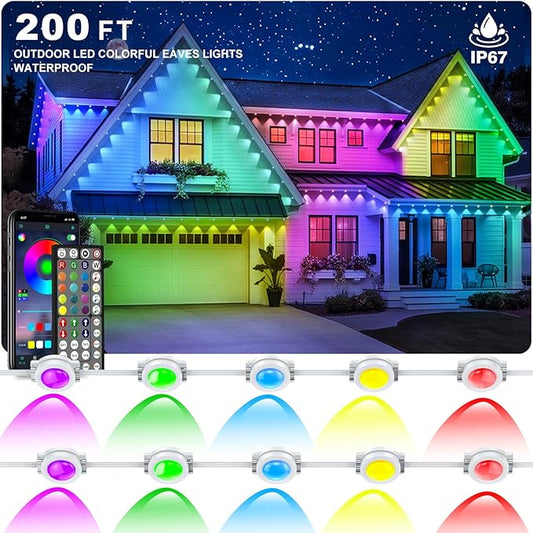 Permanent Outdoor Lights,200FT RGB Eave Light,IP67 Waterproof Lighting for House,Smart LED with App/Remote Control for Outdoor Decor,Garden Decor,Party,Holiday