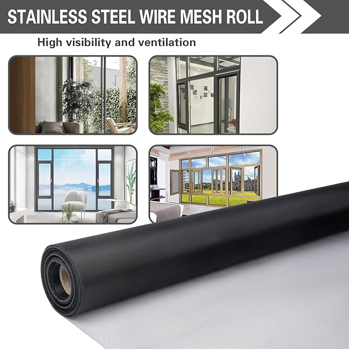 304 Black Stainless Steel Robust & Shielding Window Screen Replacement Mesh Screen, 39IN x 10FT, Perfect for Windows, Doors, Patios & Pets, Mosquito-Proof,Sturdy Screen Mesh Roll (20 Mesh)