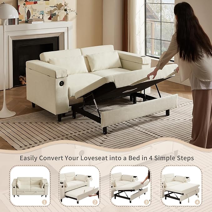 66" Pullout Couch Sleeper Sofa with Hidden Side Table, Storage Armrests & USB Charging – Convertible Sofa Bed with Spring Mattress & Wood Frame, Great for Small Spaces (ZY-2027-White)