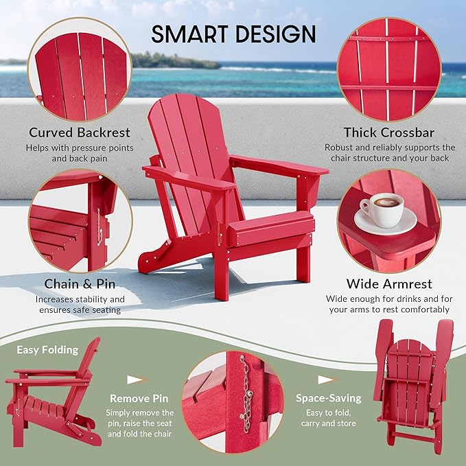 WestinTrends Malibu 4-Piece Set Outdoor Folding Poly Adirondack Chair, Red