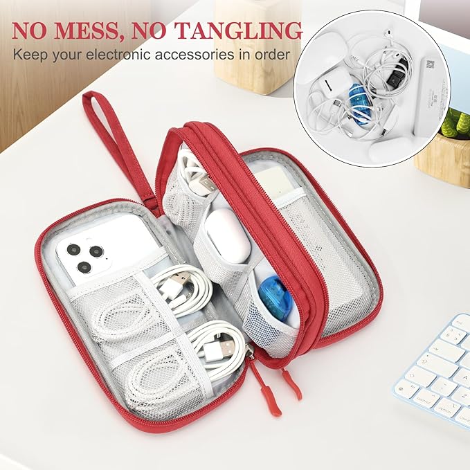 FYY Travel Cable Organizer Pouch Electronic Accessories Carry Case Portable Waterproof Double Layers All-in-One Storage Bag for Cord, Charger, Phone, Earphone Red