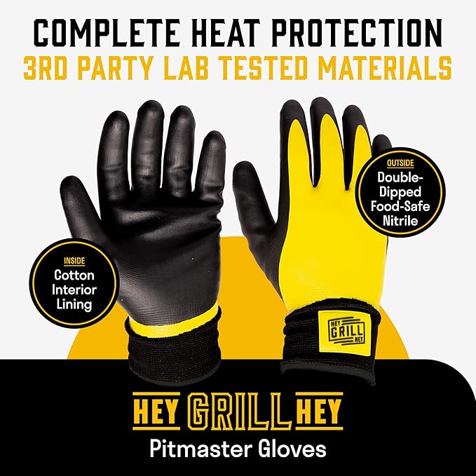 Hey Grill Hey Pitmaster Gloves | BBQ Gloves | Heat Protection up to 500°F or 260°C | High Temp Resistance | Fireproof Glove for Grilling Smoking Barbecue | Washable Mitts | Waterproof | Size - Large