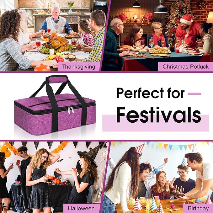 Insulated Casserole Carrier, Portable Casserole Carrier for Hot or Cold Food Lunch Tote Warmer or Cooler Bag, Lasagna Lunch Bag for Potluck Parties- Fits 9" x 13" Baking Dish-Rose Purple