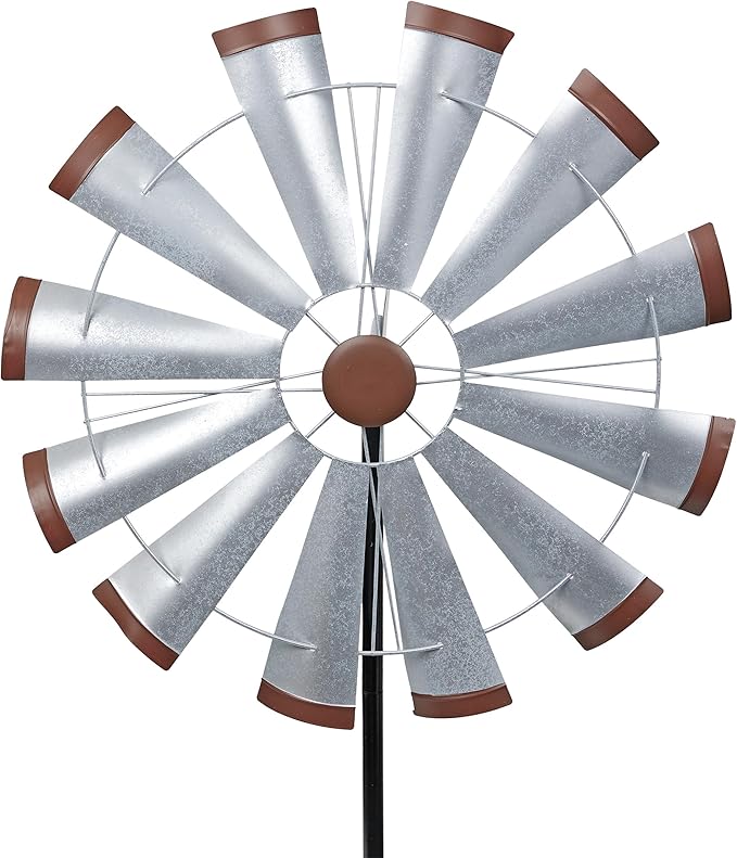 Alpine Corporation SLL2652SL 85" Metal Windmill Garden Stake, Large Outdoor Wind Spinner for Yard, Lawn, Patio, or Garden with Durable Iron Construction, Silver