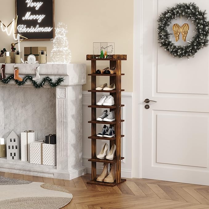 HOMEFORT 7-Tier Wood Shoe Rack, Entryway Shoe Tower,Vertical Shoe Organizer, Wooden Shoe Storage Stand, Rustic Brown