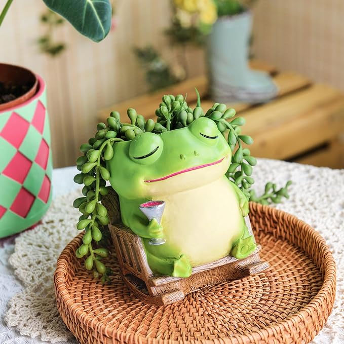 Unique Frog Plant Pots Indoor, Cute Small Succulent Pots with Drainage Hole, Rocking Chair Planters for Outdoor Indoor Plants, Resin Flower Pot for String of Pearls, Gift Ideas for Mother