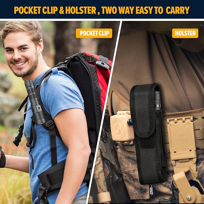 Rechargeable Magnetic Flashlight High Lumens - 1500 Meters Long Beam Super Bright LED Tactical Flashlight with Holster USB Zoomable 5Modes Small Long Beam Spotlight Flashlight for Camping