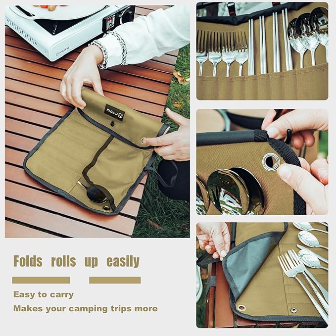 2pcs Camping Utensil Bag, Knife Roll Bag,Portable Knives Pouch,Canvas Roll Up Culinary Tableware Storage,Picnic Cutlery Organizer Bag,Cooking Utensils Hanging Bag,Travel Cutlery Pouch
