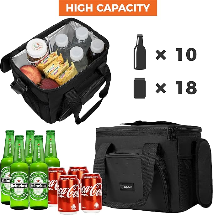 OPUX Soft Cooler Bag, Insulated Collapsible Lunch Cooler Bag for Men Work Camping Beach Travel, Portable Soft Sided Leakproof Waterproof Large Lunch Bag Box with Shoulder Strap 18 Cans, Black