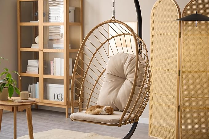 Indoor/Outdoor Egg Hanging Chair with Stand - Patio Wicker Swing Hammock Chair. 350lbs Capacity, Cushioned. Ideal for Bedroom, Balcony, Porch, Garden. Versatile Swing Chair for All Spaces