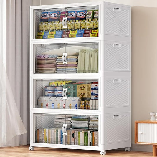 640QT Extra Large Stackable Storage Bins, 160Gal Clear Plastic Closet Organizer Cabinet with Lid and Wheels, Collapsible Latch Boxes Folding Drawer with Door for Home Kitchen, V20 4Pack White