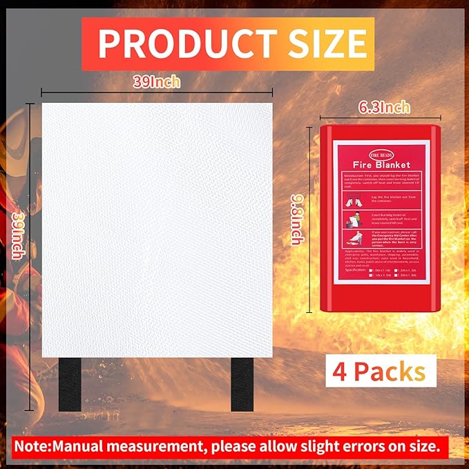4 Packs Emergency Fire Blanket, Fiberglass Fire Suppression Blanket with Box Fireproof Flame Retardant Safety Survival Cover for Home Kitchen Fireplace Grill Office Warehouse