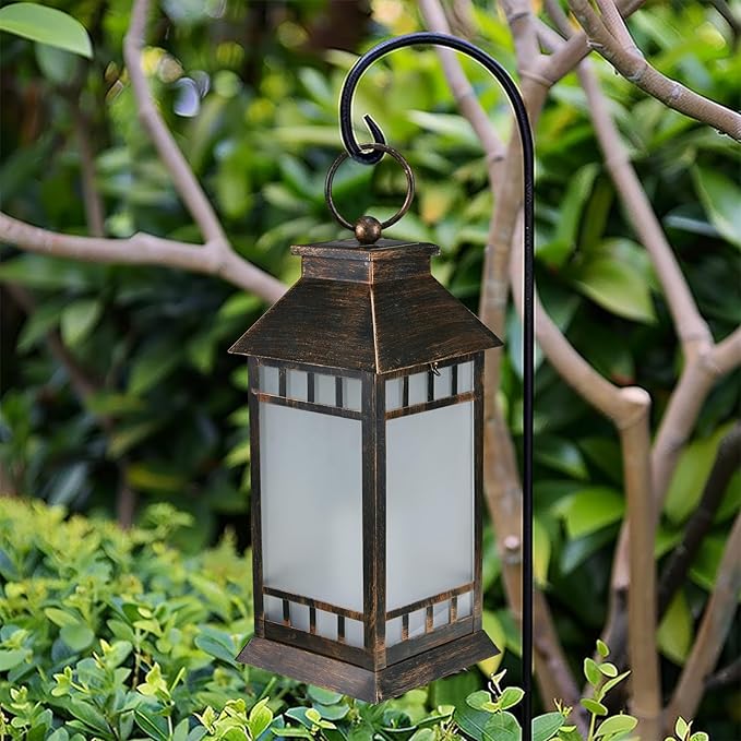 18'' Glass Solar Lantern Outdoor Waterproof, Large Hanging Solar Lanterns with Flickering Flame Lights, Metal Outdoor Lantern Decorative for Patio Garden Backyard Tabletop Mothers Day Gifts Mom