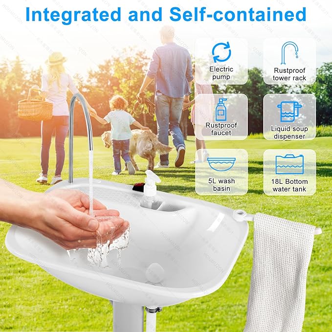 Portable Sink Hand Wash Station - 18L Capacity With USB Port or Battery Powered, Lightweight Outdoor Sink for Travel, Outdoor, Camping - Includes Soap Dispenser & Towel Holder