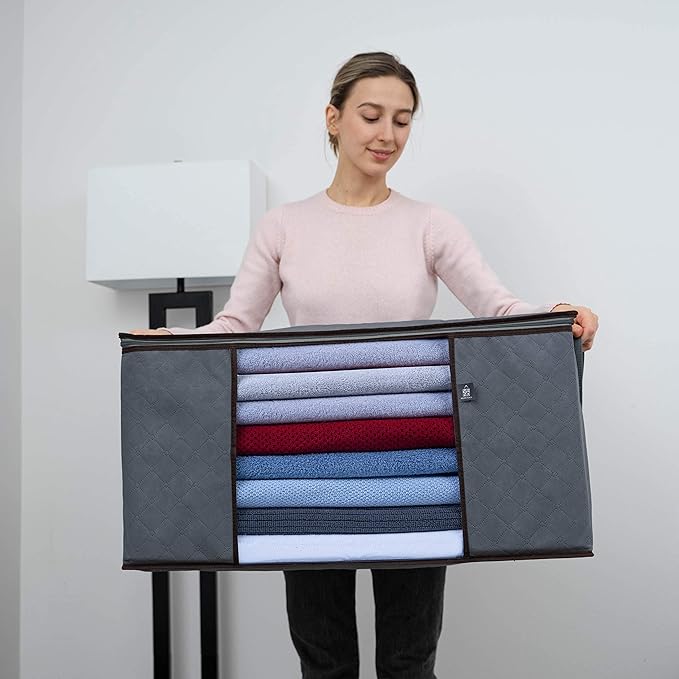VENO 3 Pack Oversize Clothes Storage Bag Organizer with Reinforced Handle Thick Fabric for Comforters, Blankets, Bedding, Foldable with Sturdy Zipper, Clear Window, Grey, Reusable (34 Gallon)