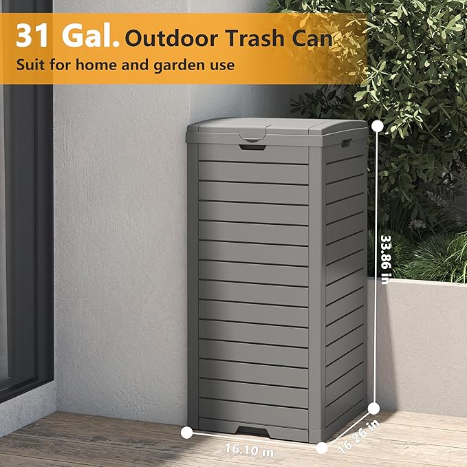 Outdoor Trash Can, 31 Gallon Garbage Can with Tiered Lid and Drip Tray, Waterproof Resin Patio Waste Bin for Garden, Backyard, Deck
