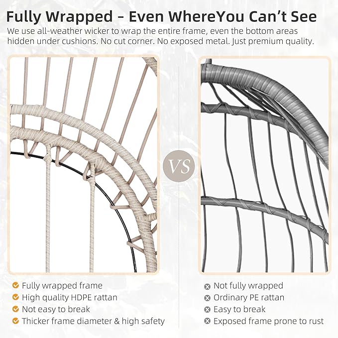 Foldable Hanging Egg Chair with Stand, HDPE Rattan and Heavy Duty Aluminum-Steel Frame, Outdoor Patio Wicker Swing Egg Chair with Headrest and Cushioned, 350 Lbs Capacity (Blue)