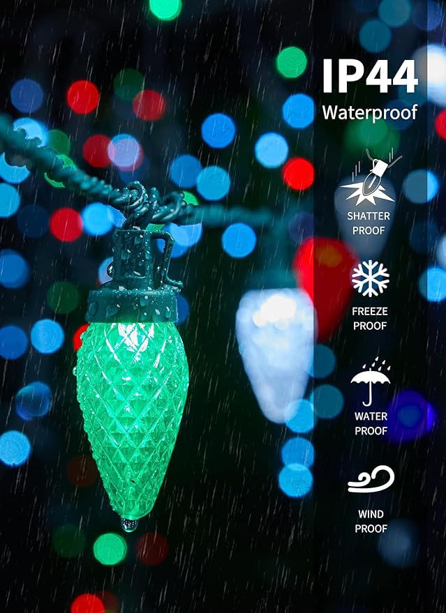 2 Pack C9 LED Christmas String Lights - Each 82ft 100 LED Outdoor String Lights with Timer and 8 Lighting Modes, Plug in Extendable Roofline Lights String for Outside Yard Christmas Holiday Decoration