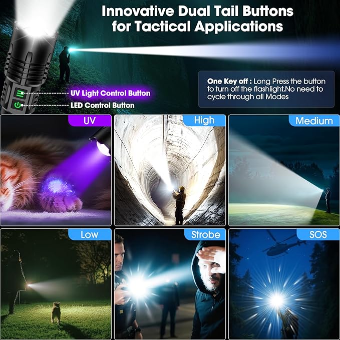UV Blacklight&High Lumens Flashlight Rechargeable, Powerful Blacklight Flashlights for Pet Urine Detection, Resin Curing, Scorpion, Zoomable Waterproof Tactical LED Flashlight for Camping, Emgergency