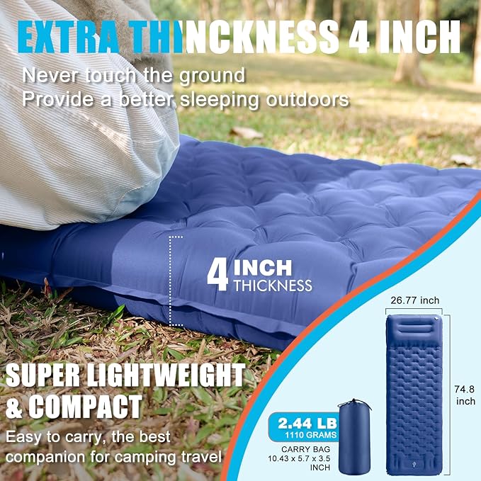 Inflatable Camping Sleeping Pad with Pillow, Extra Thickness 4 Inch Sleeping Mat with Built-in Pump, Compact & Ultralight Camping Air Mattress for Backpacking Hiking Tent Traveling