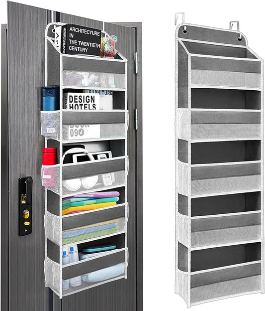 Over The Door Organizer with 8 Side Mesh Pockets, 44lb Weight Capacity Hanging Behind The Door Bathroom Organizers and Storage Suitable for Storing Toys, Shoes, Towels, Dark Grey, 5 Shelf