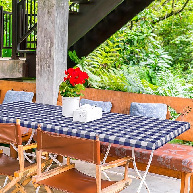 misaya Buffalo Rectangle Picnic Tablecloth, 6 Foot Elastic Fitted Vinyl Table Cloth with Flannel Backing, Waterproof Plaid Table Covers for Dining, Camping, Outdoor (Navy and White, 30" x 72")