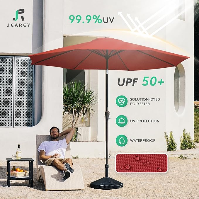 JEAREY 10FT Outdoor Patio Umbrella Outdoor Table Umbrella with Push Button Tilt and Crank, Market Umbrella 8 Sturdy Ribs UV Protection Waterproof for Pool, Garden (Light Red)