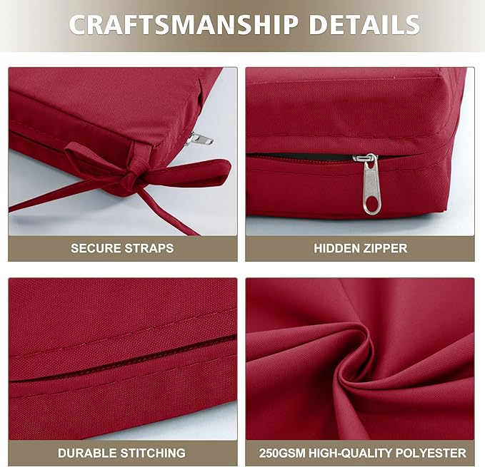 Outdoor Chair Cushions, Waterproof Outdoor Cushions for Patio Furniture w/Fade-Resistant, Removable & Machine-Washable Covers, 19x19 Inch, Ideal for Seat in Gardens/Porch – Set of 1/2/4, Burgundy